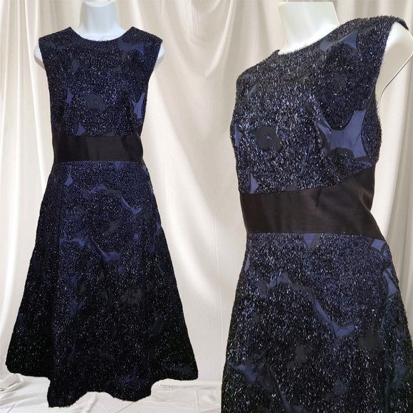 Lela Rose Metallic Silk Wool Tinsel Fit And Flare Dress In Black + Blue Size 14 - Picture 2 of 7